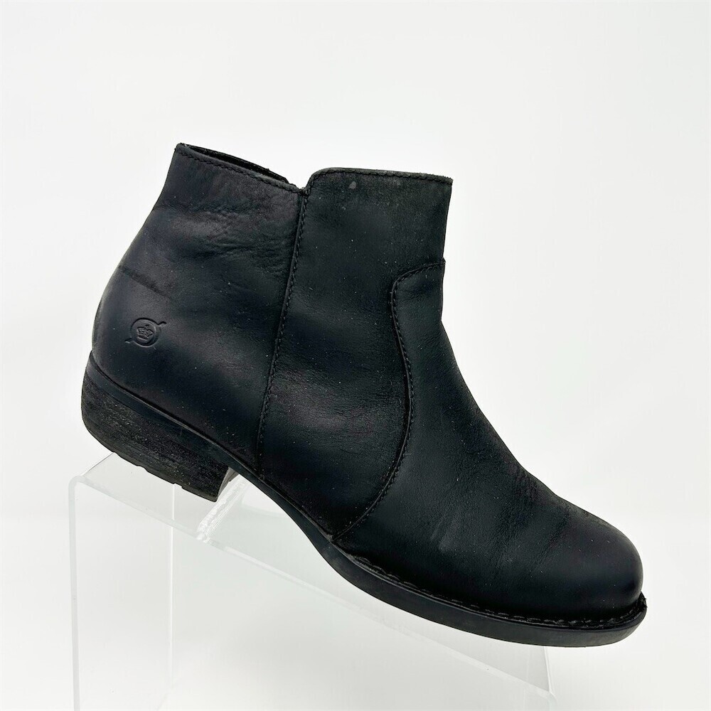 Born Rani Booties Womens Black Leather Ankle Side Zip Low Block Heel Size 9
